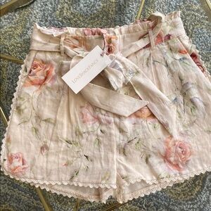LoveShackFancy High Waist Cream and Pink Lace Trim Shorts